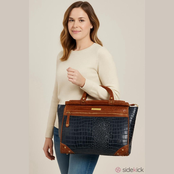 Samantha Brown Handbags - Samantha Brown Navy& Brown Croc-Embossed Dowel Bag
